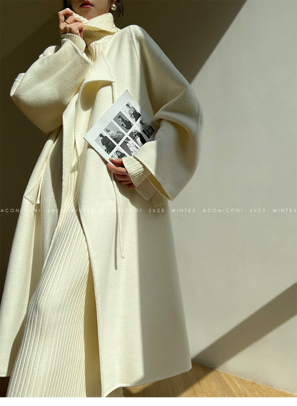 Aconiconi Luxury Autumn Cream Korean Long Sleeve Long Light Coat- Warm Winter