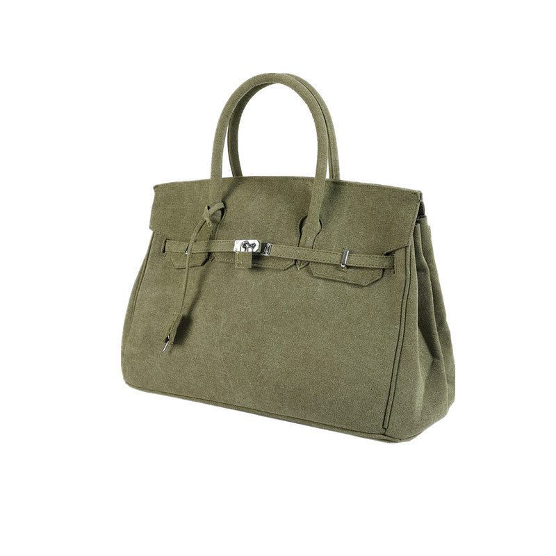 Army green Retro canvas leather tote buckle men women s weekender