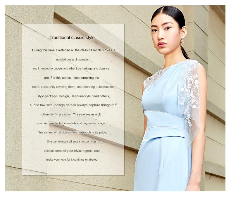 SIDUO Elegant mid skirt short sleeves mid waist slim fit baby blue banquet dress-Alice ( V )