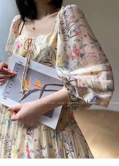 Aconiconi Elegant French Flower Print Puff Sleeve Loose Resort Dress-  Huatian Pear Cloud