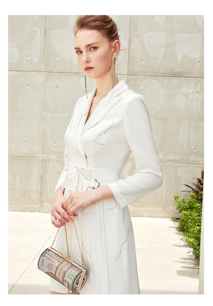 SIDUO Luxury long sleeve V-neck mid waist mid skirt embroidery white dinner dress-Beatrice  ( V )