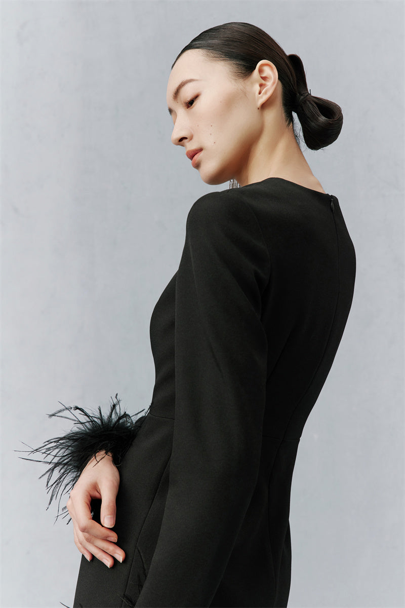 PURITY  Elegant Modern Feathers minimalist long-sleeved little black dress- Dennie