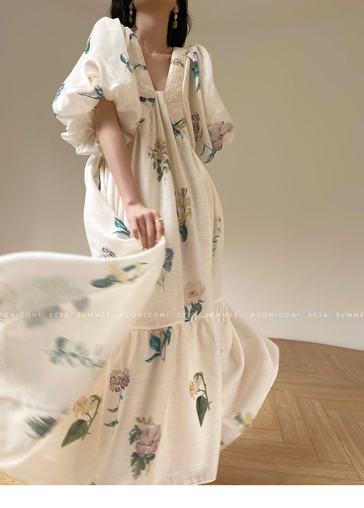 Aconiconi Elegant  Retro Floral Print V-Neck Short Sleeve Holiday Long Dress-Tingting Qingyao