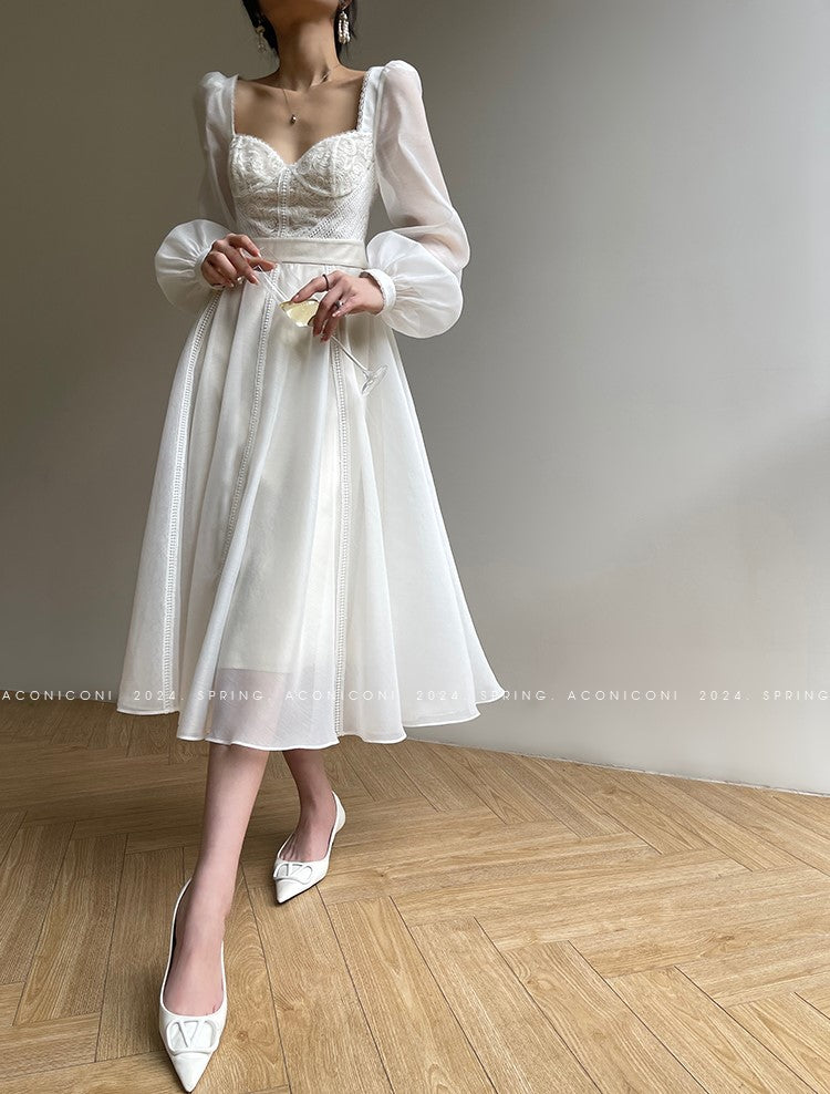 Aconiconi Elegant White Long Sleeve bridal reharsal Dress- Listen Spring