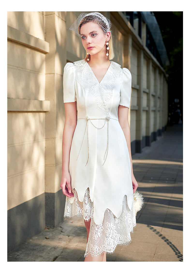 SIDUO Elegant mid skirt short puff sleeves deep V-neck slim fit white dinner dress -Emily  ( V )