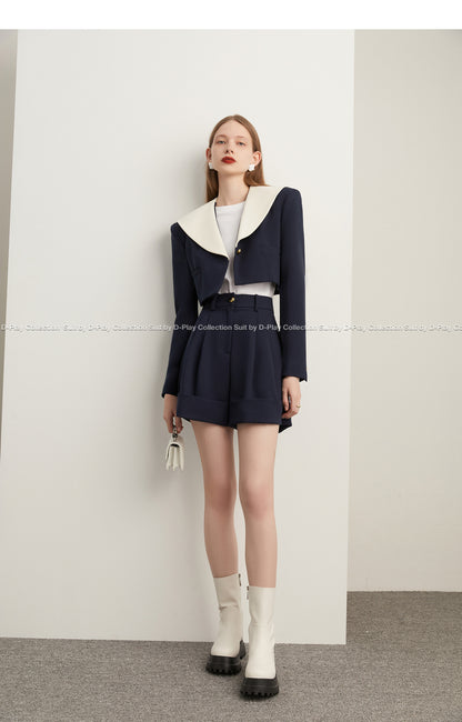 Fall autumn vintage navy collar high-waisted short coat - Wiole