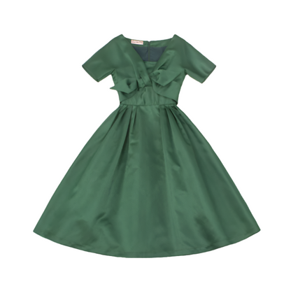 Le Palais Vintage Elegant V-Neck 50s Classic Emerald Bow Tuff Dress-Raina