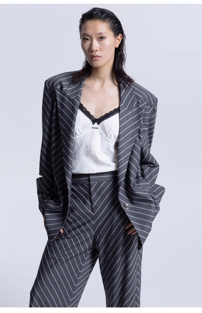 LEDIM W highend oblique stripe t shaped gray suit jacket blazer - Pieo