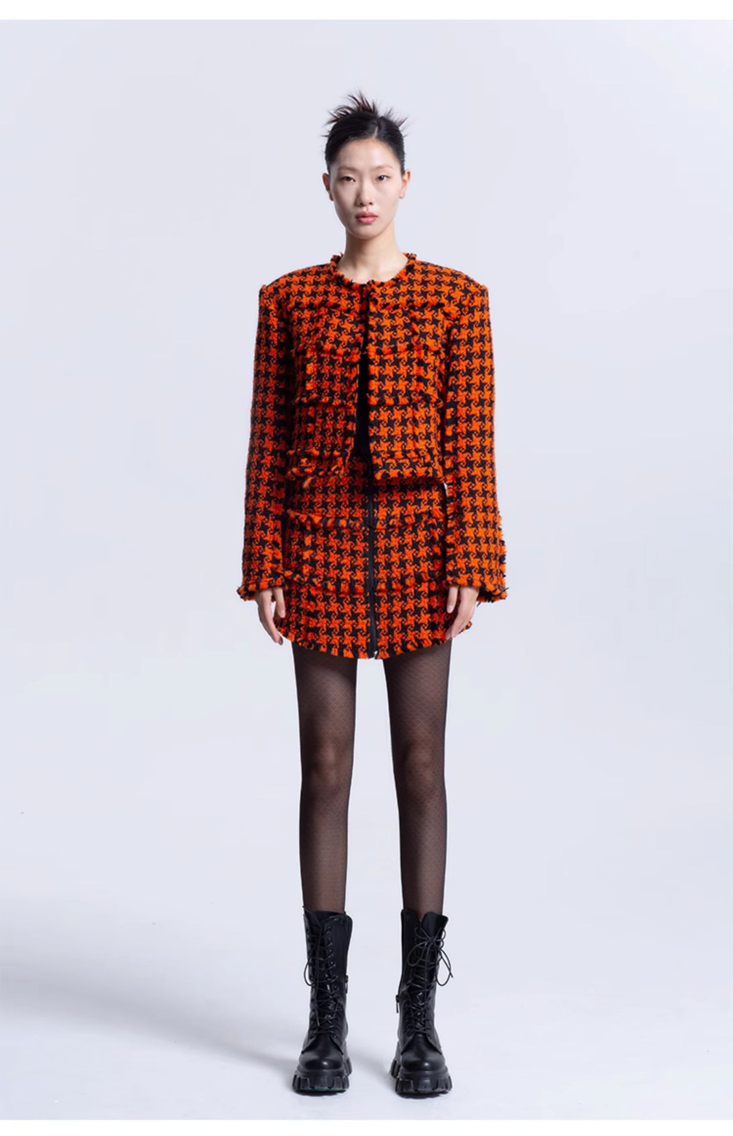 LEDIM W luxury high end patchwork orange houndstooth plaid blazer jacket - Haiei