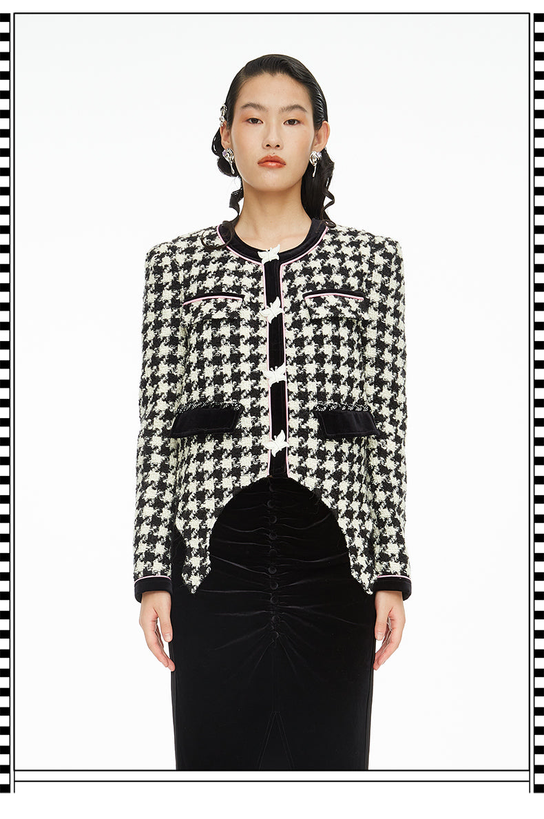 Autumn Winter Retro Butterfly Tail Shaped Velvet Houndstooth Jacket - Samara