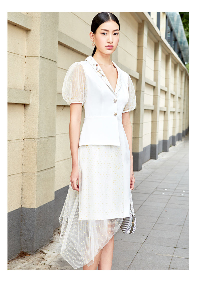 SIDUO Luxury Summer short puff sleeve deep V-neck  mid waist short skirt white evening dress-Antonia  ( V )