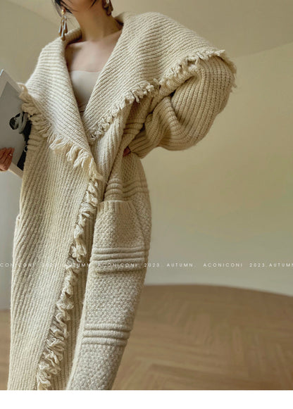 Aconiconi Boho Long Loose Knitted Sweater Tassel Jacket-Loose Tea Quinoa