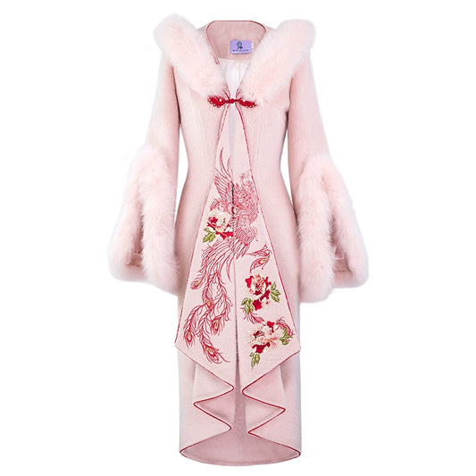 Magic Q retro irregular heavy industry peony embroidered fox fur wool coat- Vi