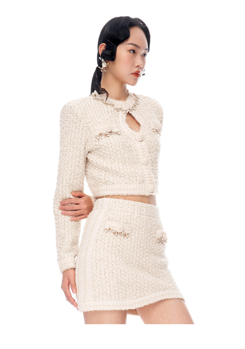 FAME Light Luxury Hand-beaded Tweed Small Knitted Cardigan Jacket - hiIji