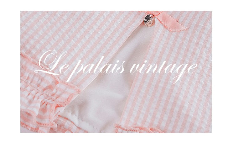 Le Palais Vintage Luxury Pink Striped Lace Crop Suspenders High Waist Short Skirt-Katie