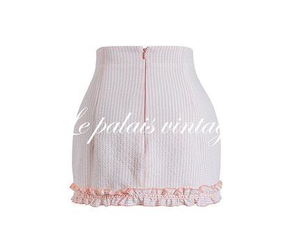 Le Palais Vintage Luxury Pink Striped Lace Crop Suspenders High Waist Short Skirt-Katie