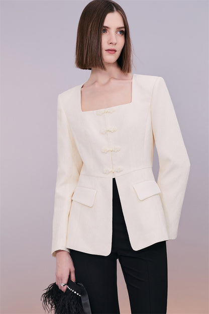 PURITY Elegant white jacquard square collar buckle blazer pant suit set- Jacquline