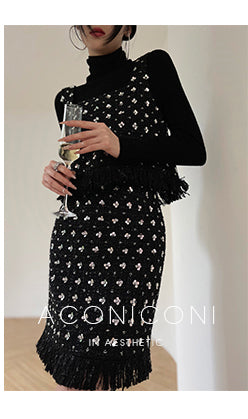 Aconiconi Luxury Black French Retro Starry Sleeveless Top/ Hip Hug Skirt- Manmanxingyu