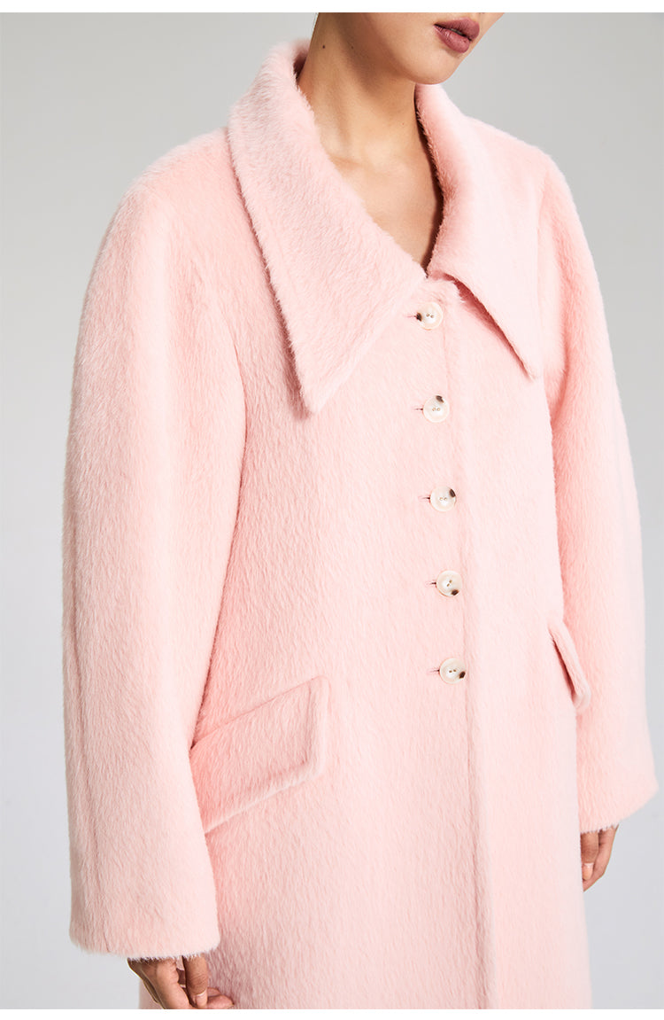 LEDIM W wool square neck pastel salmon pink loose long winter coat- Fan