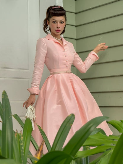 Le Palais Vintage Pink Retro Lapel Long Sleeve Button Puffy Cocktail Skirt-LEO