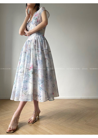 Aconiconi  high-end V-neck A-Line Vintage printed tea summer dress- Yufu fairy