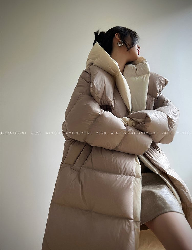 Aconiconi Luxury Duck Down Loose Beige Long Winter Jacket Coat- Almond Croissant