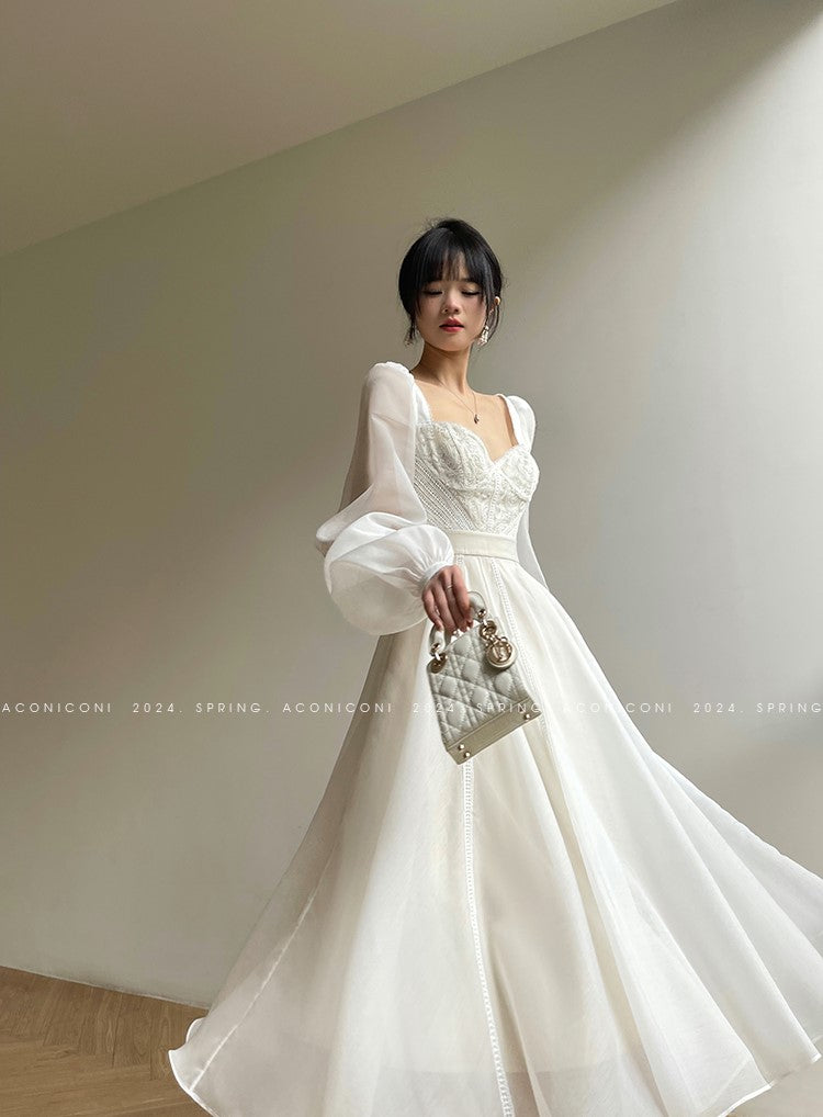 Aconiconi Elegant White Long Sleeve bridal reharsal Dress- Listen Spring