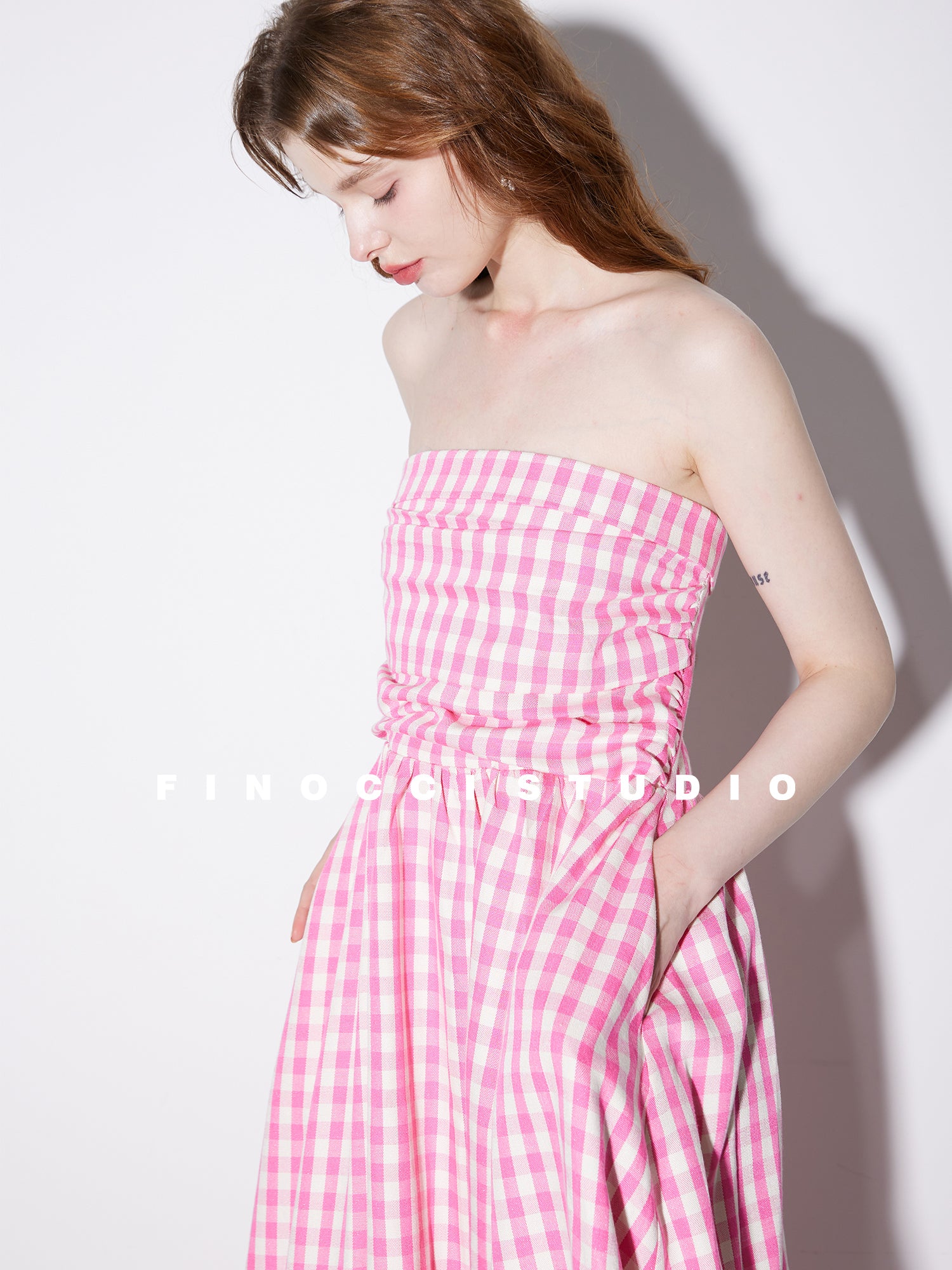 High-end Pink plaid checkered strapless Cotton Bandeau Swing full Dres –  GOOD GIRL REBEL