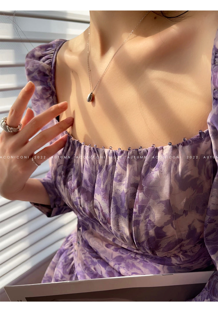 Aconiconi Square Collar Long Sleeve Tea Dress- Amethyst Water