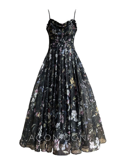 Aconiconi Luxury Black Flower Print  Slim Waist vacation Dress- Huachen Yueying