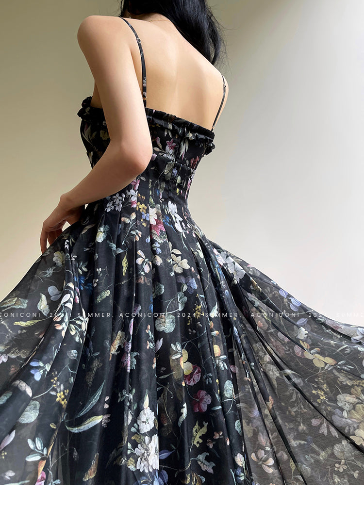 Aconiconi Luxury Black Flower Print  Slim Waist vacation Dress- Huachen Yueying