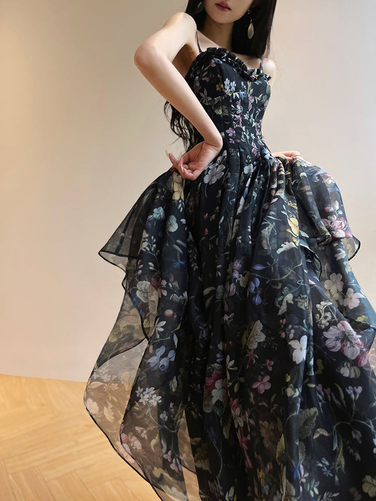 Aconiconi Luxury Black Flower Print  Slim Waist vacation Dress- Huachen Yueying