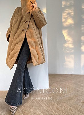 Aconiconi Elegant White/Brown Duck Down Loose Long Sleeve Medium Jacket- Woody Cotton Cloud