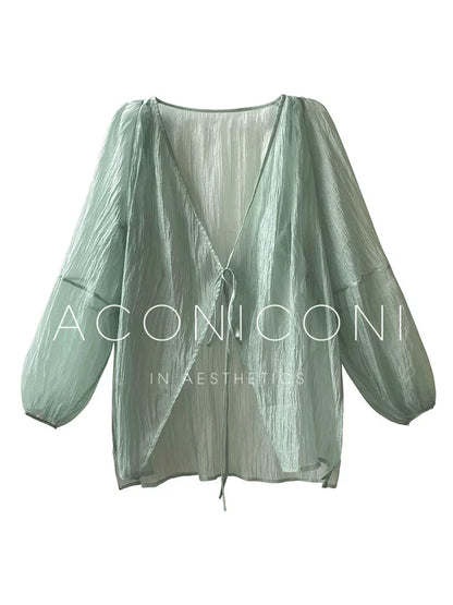 Aconiconi Elegant V-Neck Long Sleeve Loose Lace Chic Shirt-Light Dance Whisper