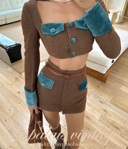 Le Palais Vintage Brown Long Sleeve Plaid Crop Jacket + Short Skirt-JODIE