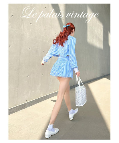 Le Palais Vintage Luxury Blue Striped Crop Shirt Pleated Skirt Pumpkin Shorts-Janetta