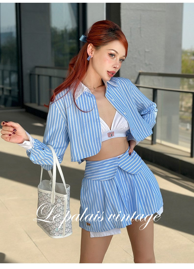 Le Palais Vintage Luxury Blue Striped Crop Shirt Pleated Skirt Pumpkin Shorts-Janetta