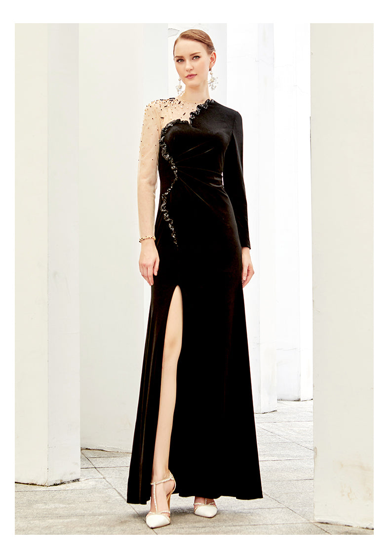 SIDUO High-End autumn long sleeve ankle length plain slit sexy black evening dress-Belle  ( V)