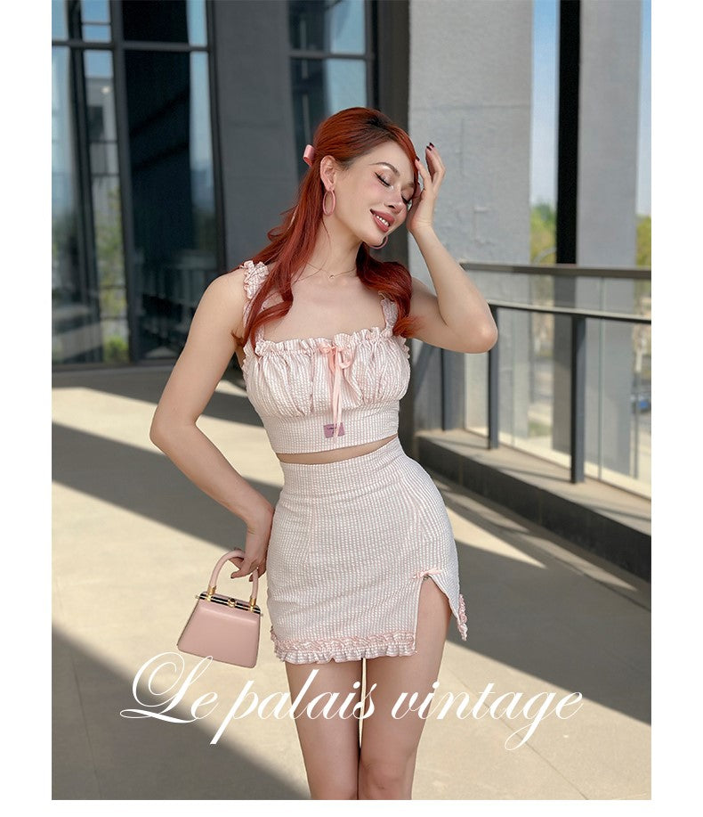 Le Palais Vintage Luxury Pink Striped Lace Crop Suspenders High Waist Short Skirt-Katie