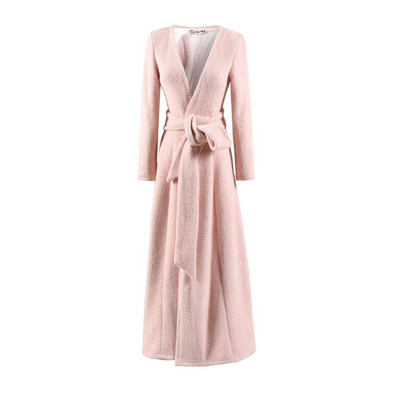 Le Palais Vintage Luxury Soft Slim Plush Drape Wrap  Long White and Pink Coat-Hazai