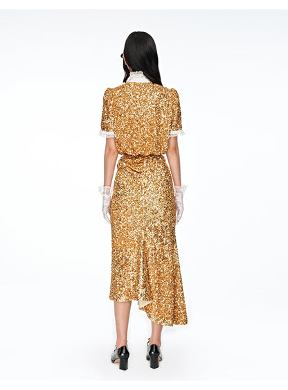 FAME gold sequins lace vintage stand collar holiday top skirt set - Mei