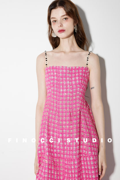 Pink Tweed Delicate Sequins Flat Beaded dress - Cueiw