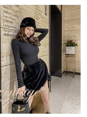 Le Palais Vintage Luxury Black Long Sleeves Short Faux Fur Short Coat and Dinner Skirt Suit-Selena