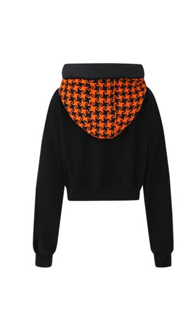 LEDIM W Patchwork luxury orange houndstooth plaid hooded black sweat shirt pullover -Haiei