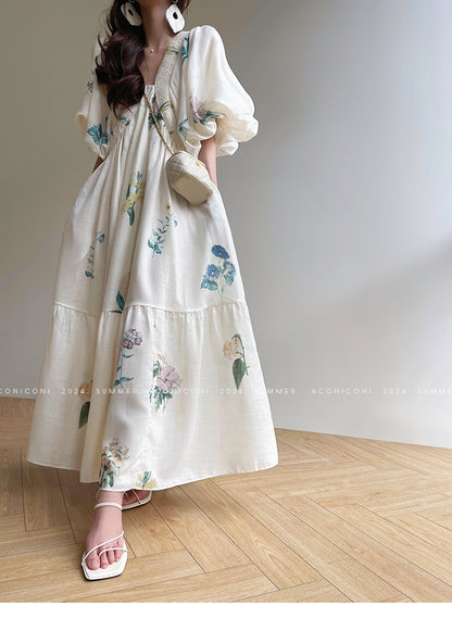 Aconiconi Elegant  Retro Floral Print V-Neck Short Sleeve Holiday Long Dress-Tingting Qingyao