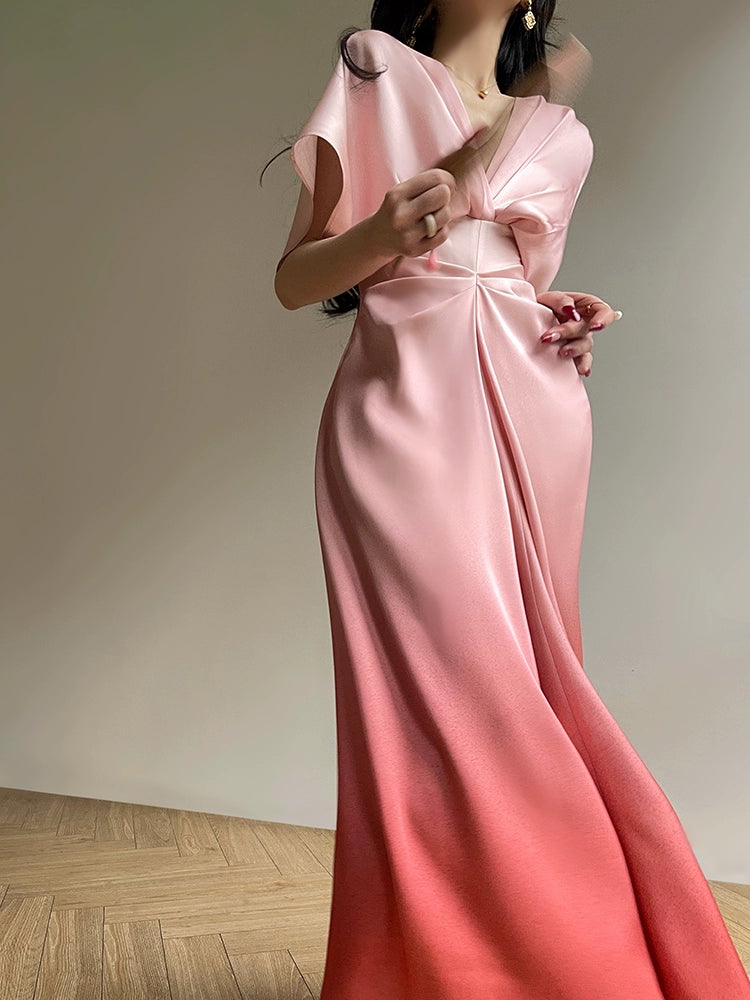 Aconiconi Elegant Peach V Neck Batwing Sleeve Long Wedding Guest Dress Sweet wine