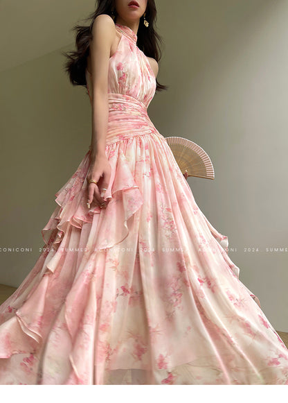 Aconiconi Elegant Pink Collar Sleeveless Floral Halter Dinner wedding guest Dress- Begonia chinensis