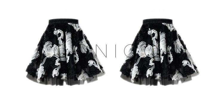 Aconiconi Elegant Black Retro Flower Embroidered High Waist Midi Skirt- Cedar Late Forest