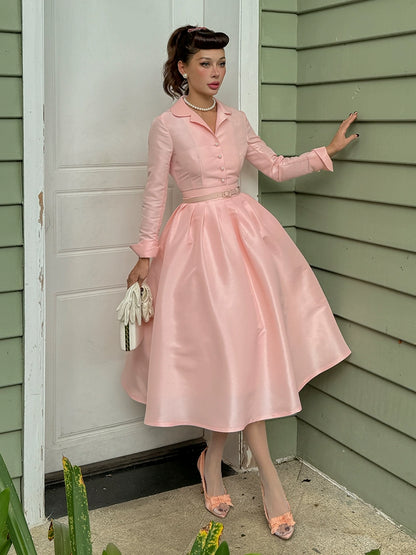 Le Palais Vintage Pink Retro Lapel Long Sleeve Button Puffy Cocktail Skirt-LEO