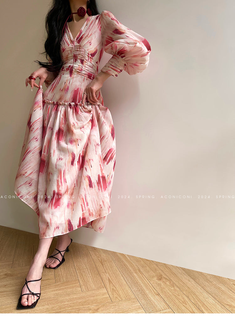 Aconiconi Elegant Rose French Print V-Neck Long Sleeve Long Summer Dress- Wild Rose